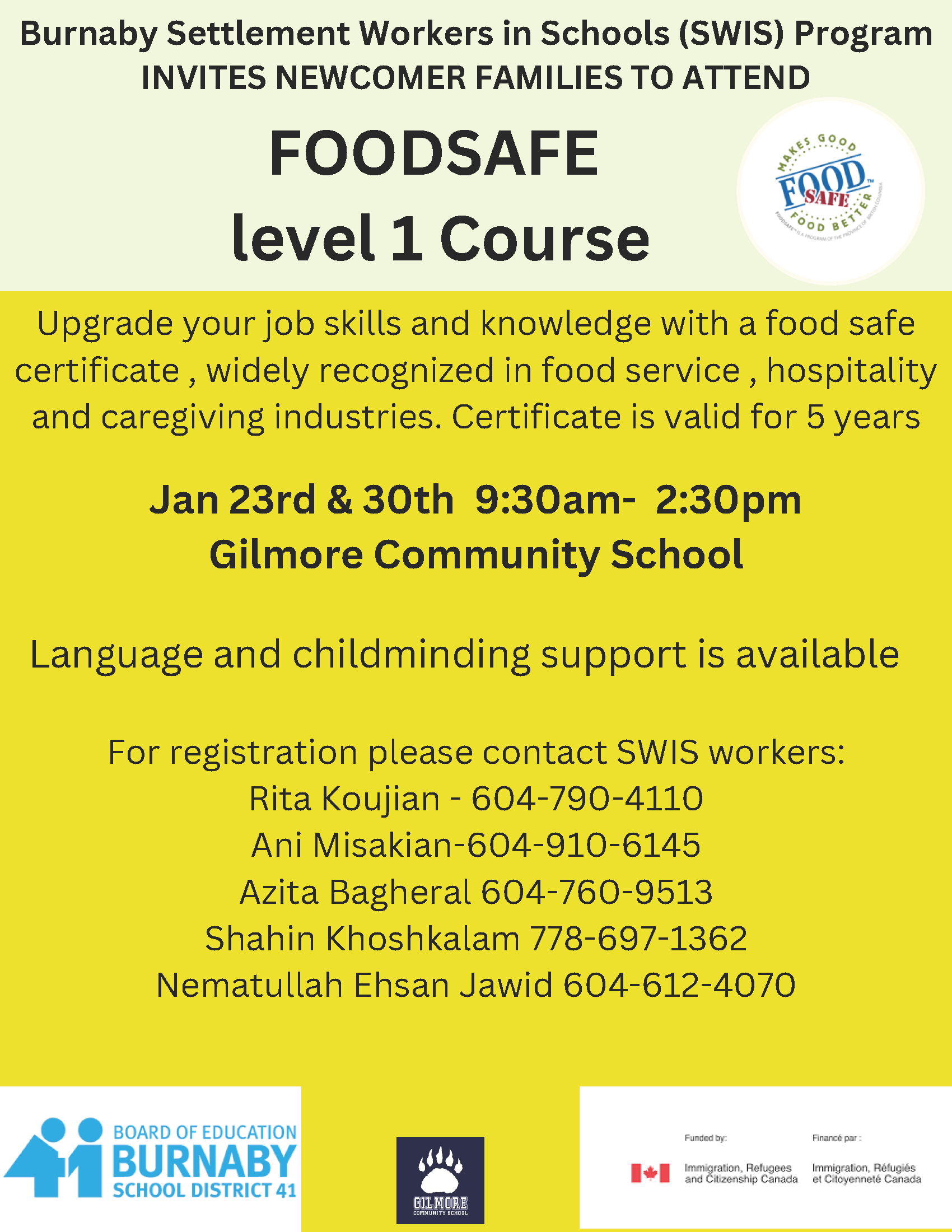 Foodsafe Level 1 Course @Gilmore @ Gilmore Elementary